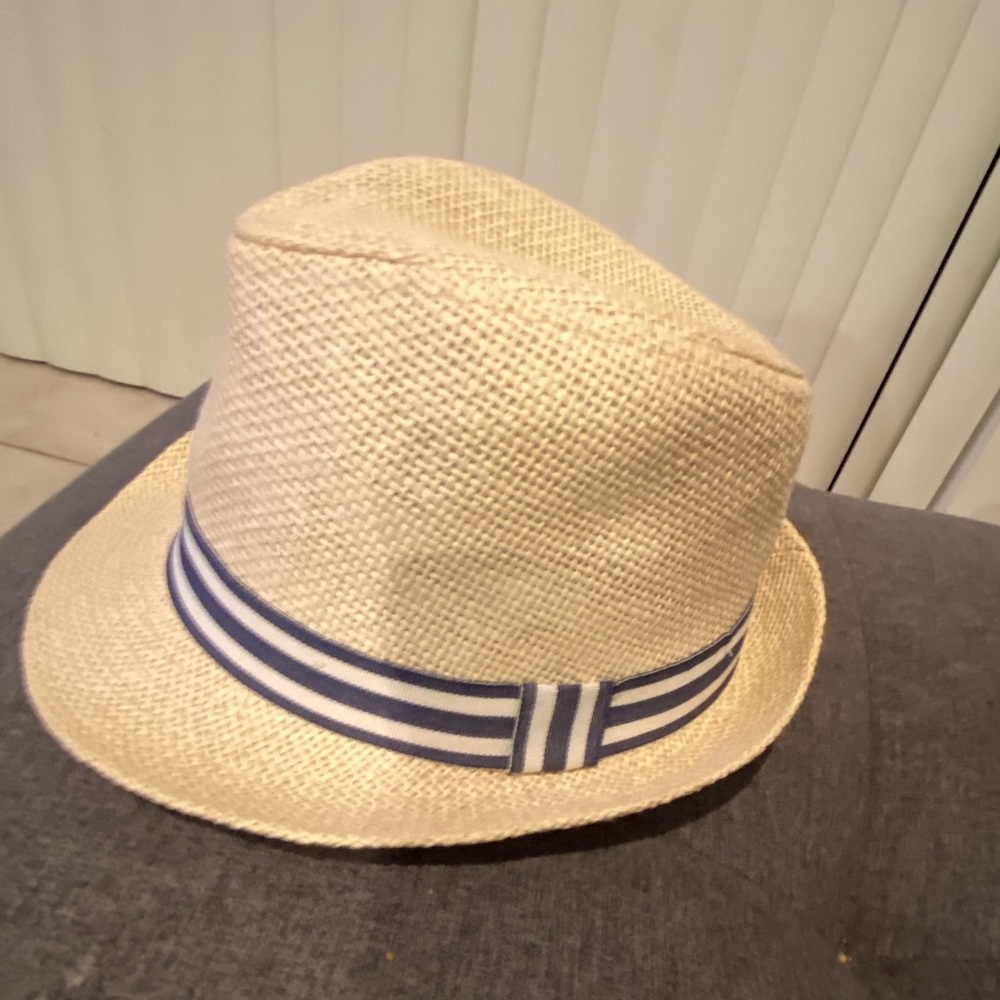 Baby boy Straw hat with Blue/cream striped band. Size 6-9 months